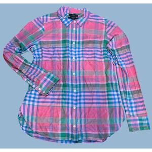 J. Crew Madras Plaid Button Up Long Sleeve Blouse Top Shirt Sz 6 Pink Preppy FUN